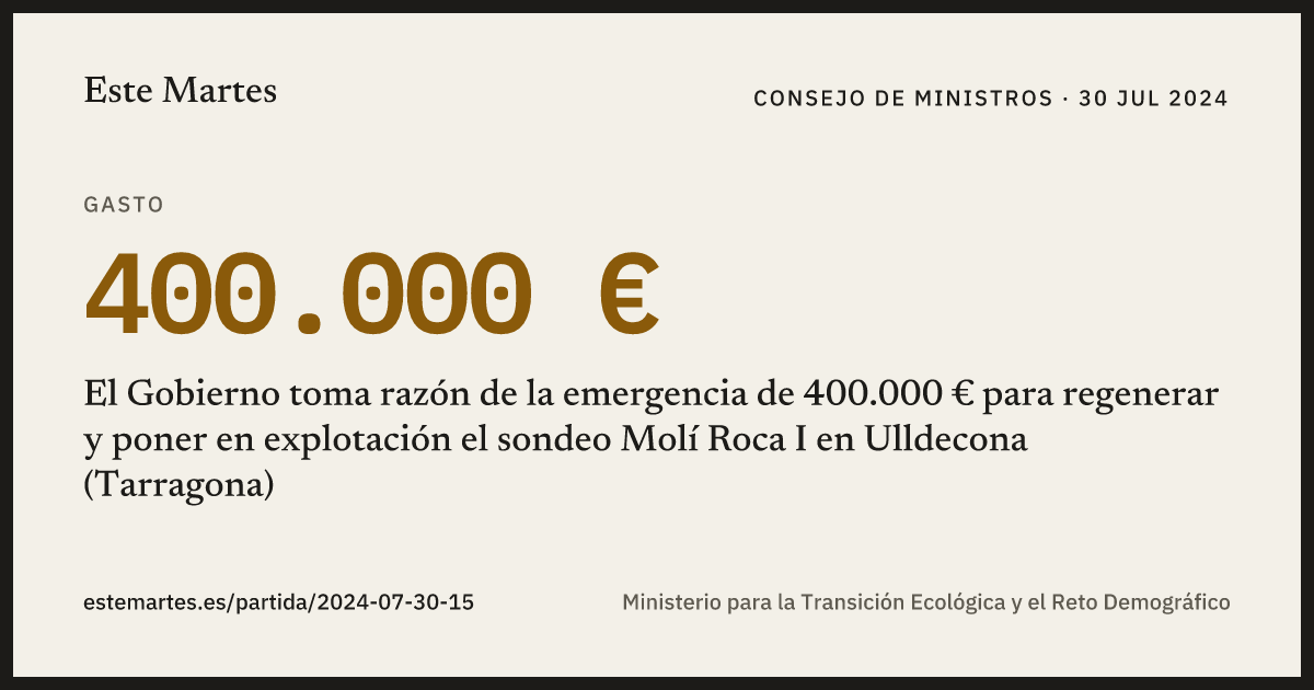 Tarjeta: El Gobierno toma razón de la emergencia de 400.000 € para regenerar y poner en explotación el sondeo Molí Roca I en Ulldecona (Tarragona)
