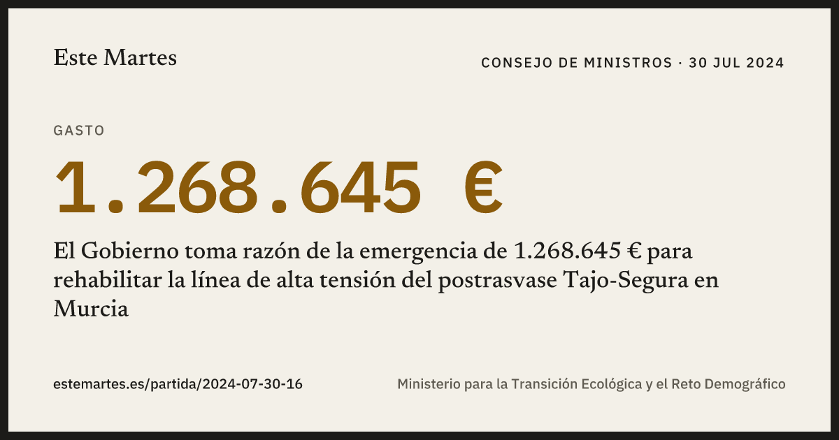 Tarjeta: El Gobierno toma razón de la emergencia de 1.268.645 € para rehabilitar la línea de alta tensión del postrasvase Tajo-Segura en Murcia