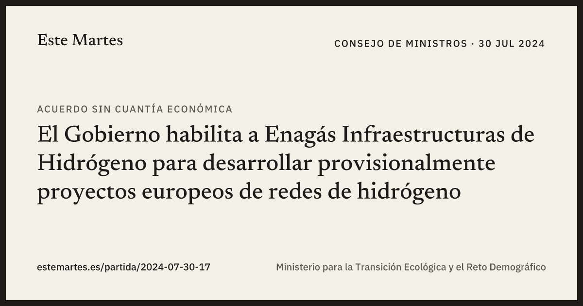 Tarjeta: El Gobierno habilita a Enagás Infraestructuras de Hidrógeno para desarrollar provisionalmente proyectos europeos de redes de hidrógeno