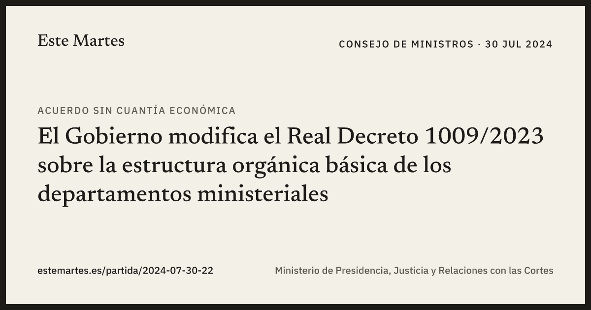 Tarjeta: El Gobierno modifica el Real Decreto 1009/2023 sobre la estructura orgánica básica de los departamentos ministeriales