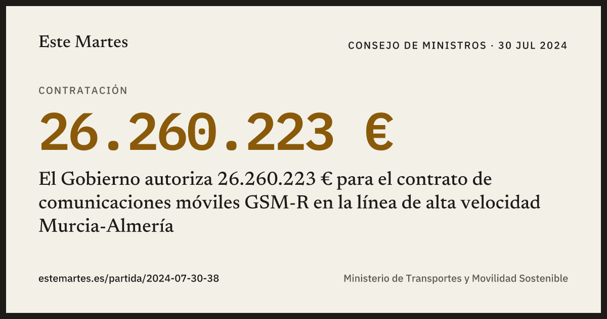 Tarjeta: El Gobierno autoriza 26.260.223 € para el contrato de comunicaciones móviles GSM-R en la línea de alta velocidad Murcia-Almería
