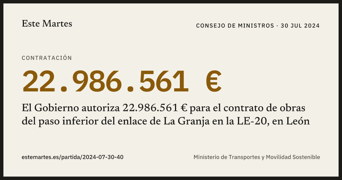 Tarjeta: El Gobierno autoriza 22.986.561 € para el contrato de obras del paso inferior del enlace de La Granja en la LE-20, en León