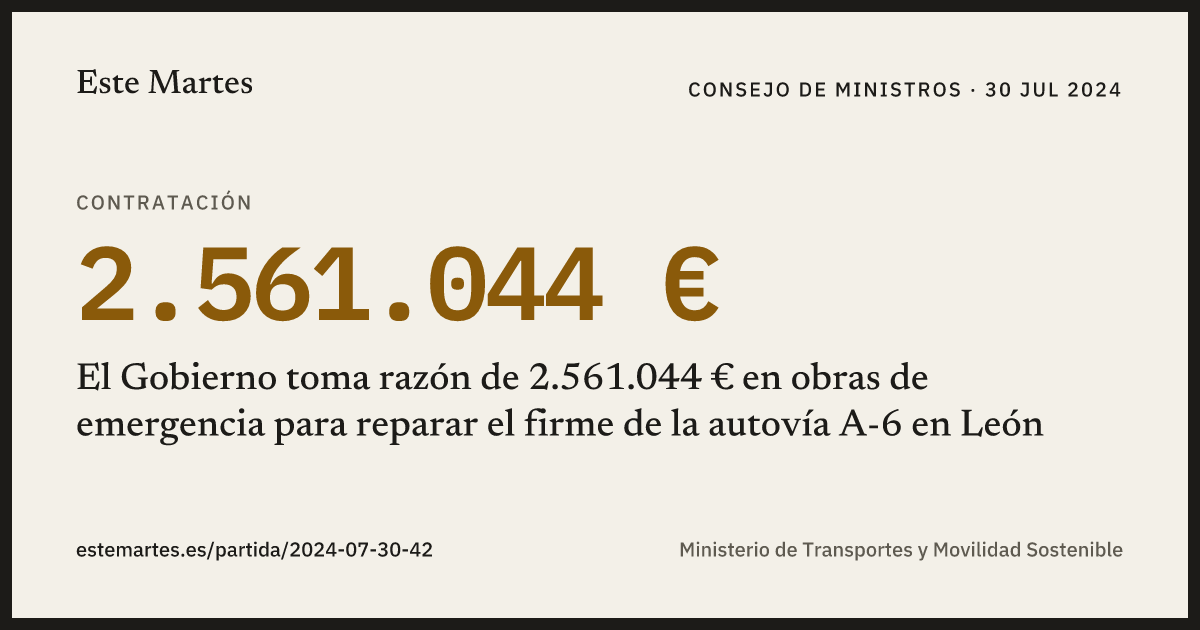 Tarjeta: El Gobierno toma razón de 2.561.044 € en obras de emergencia para reparar el firme de la autovía A-6 en León