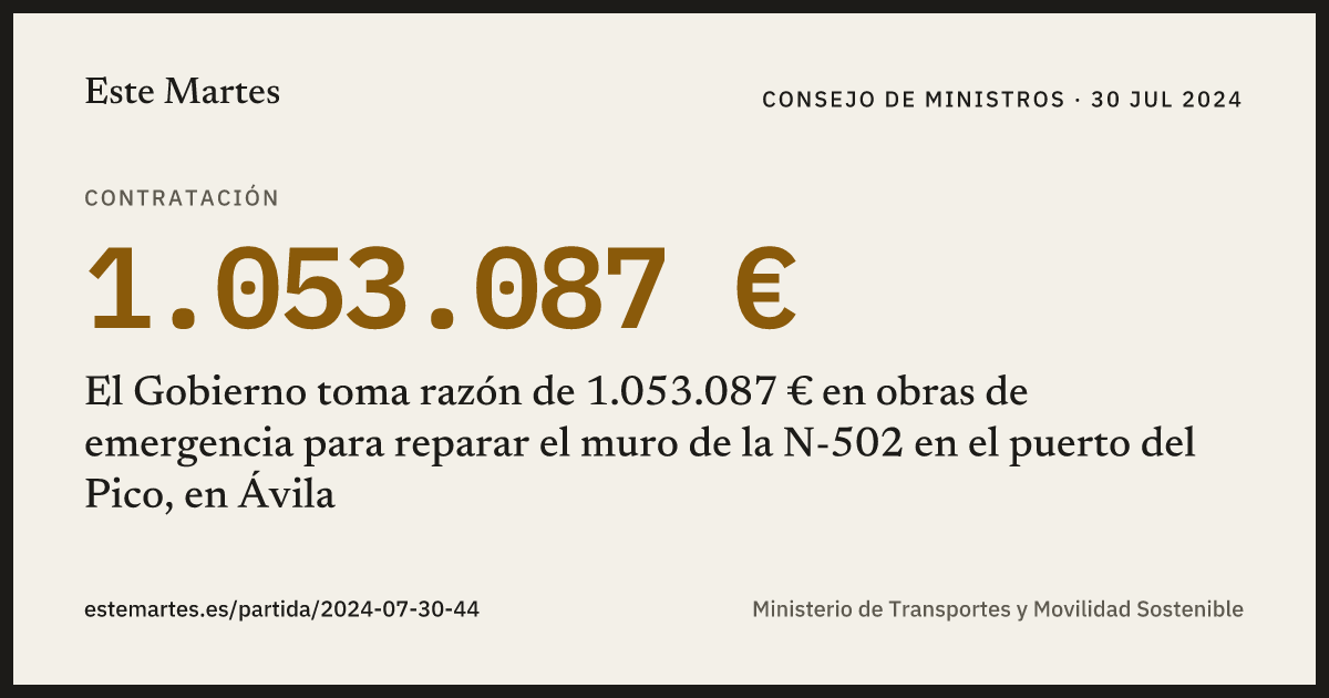 Tarjeta: El Gobierno toma razón de 1.053.087 € en obras de emergencia para reparar el muro de la N-502 en el puerto del Pico, en Ávila