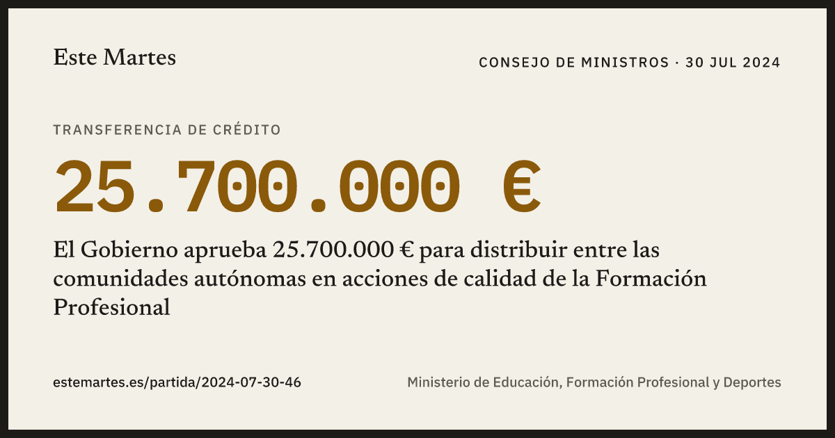 Tarjeta: El Gobierno aprueba 25.700.000 € para distribuir entre las comunidades autónomas en acciones de calidad de la Formación Profesional