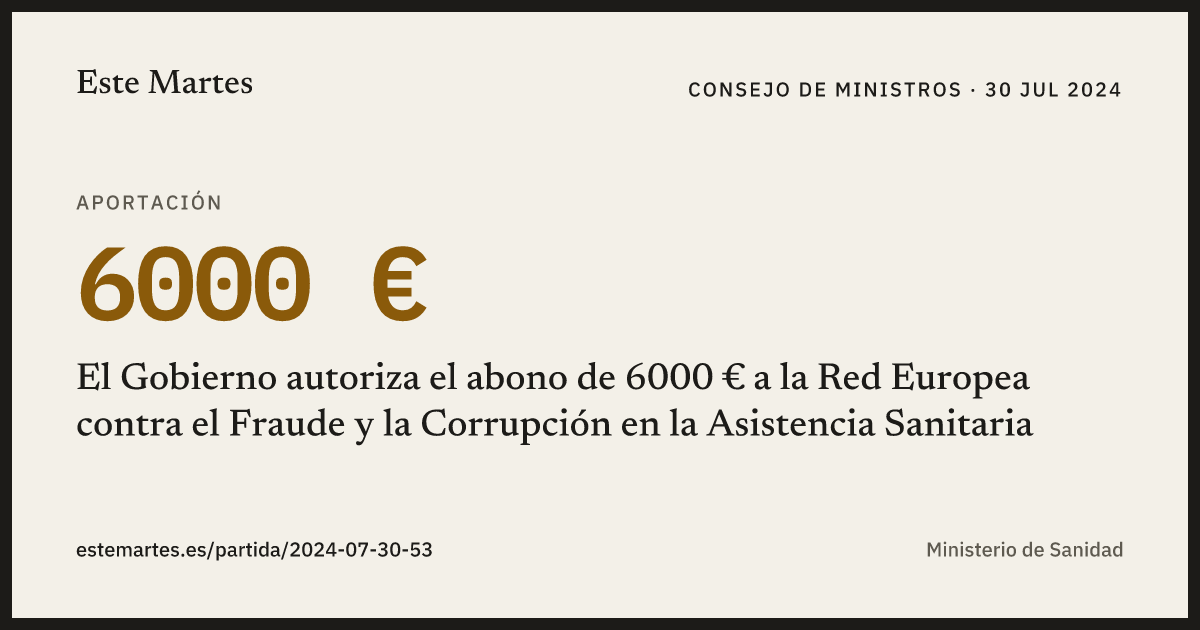 Tarjeta: El Gobierno autoriza el abono de 6000 € a la Red Europea contra el Fraude y la Corrupción en la Asistencia Sanitaria