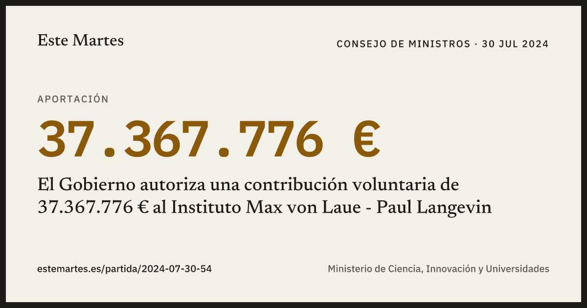 Tarjeta: El Gobierno autoriza una contribución voluntaria de 37.367.776 € al Instituto Max von Laue - Paul Langevin