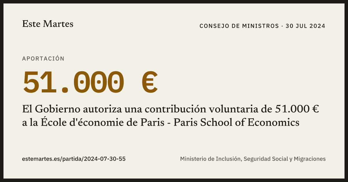 Tarjeta: El Gobierno autoriza una contribución voluntaria de 51.000 € a la École d'économie de Paris - Paris School of Economics