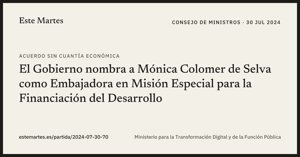 Tarjeta: El Gobierno nombra a Mónica Colomer de Selva como Embajadora en Misión Especial para la Financiación del Desarrollo