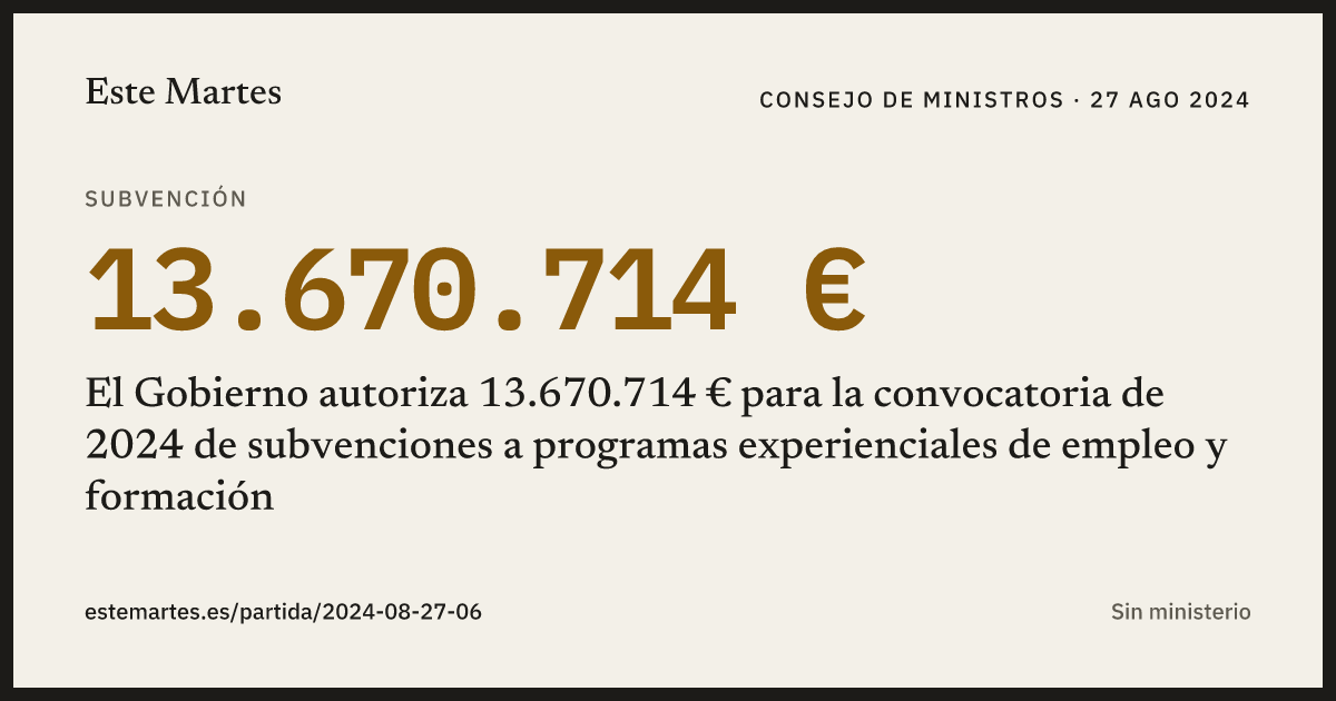 Tarjeta: El Gobierno autoriza 13.670.714 € para la convocatoria de 2024 de subvenciones a programas experienciales de empleo y formación