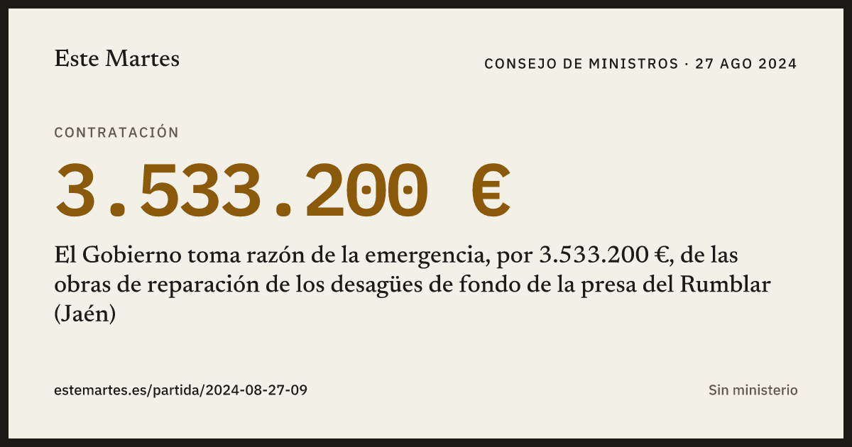Tarjeta: El Gobierno toma razón de la emergencia, por 3.533.200 €, de las obras de reparación de los desagües de fondo de la presa del Rumblar (Jaén)