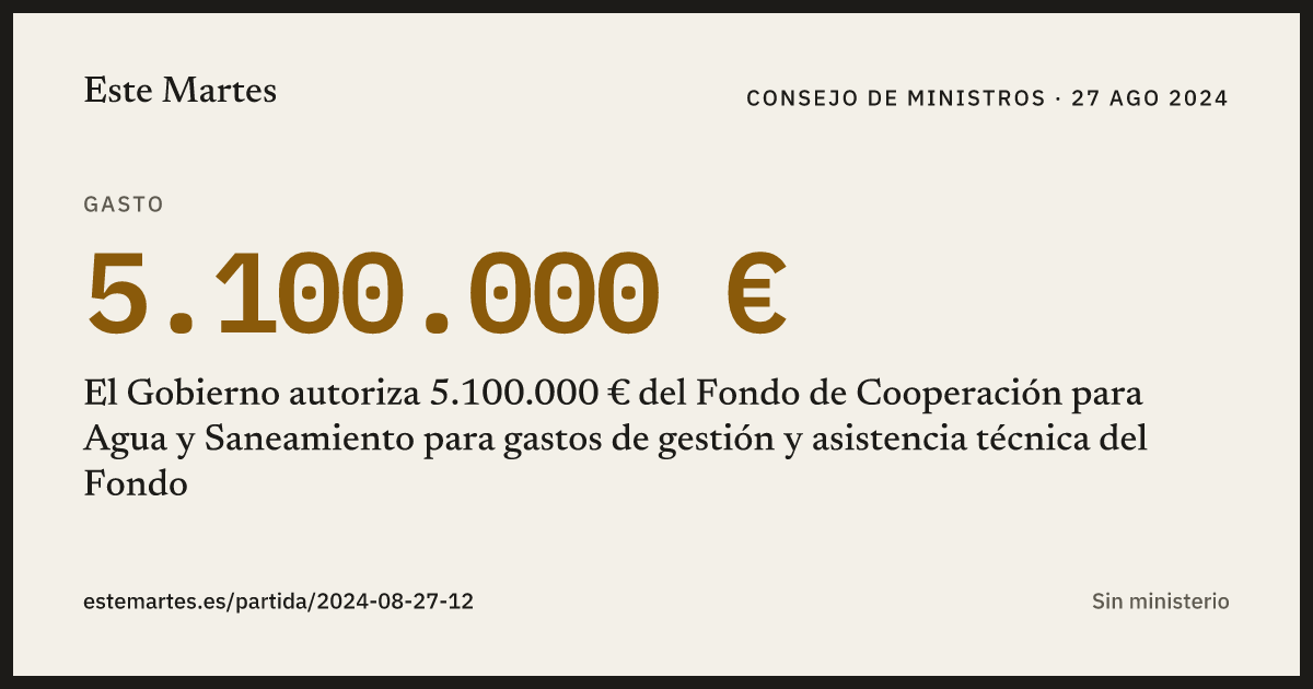 Tarjeta: El Gobierno autoriza 5.100.000 € del Fondo de Cooperación para Agua y Saneamiento para gastos de gestión y asistencia técnica del Fondo