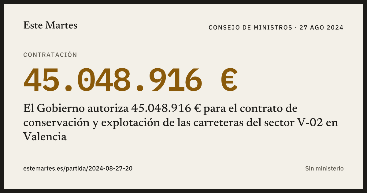 Tarjeta: El Gobierno autoriza 45.048.916 € para el contrato de conservación y explotación de las carreteras del sector V-02 en Valencia