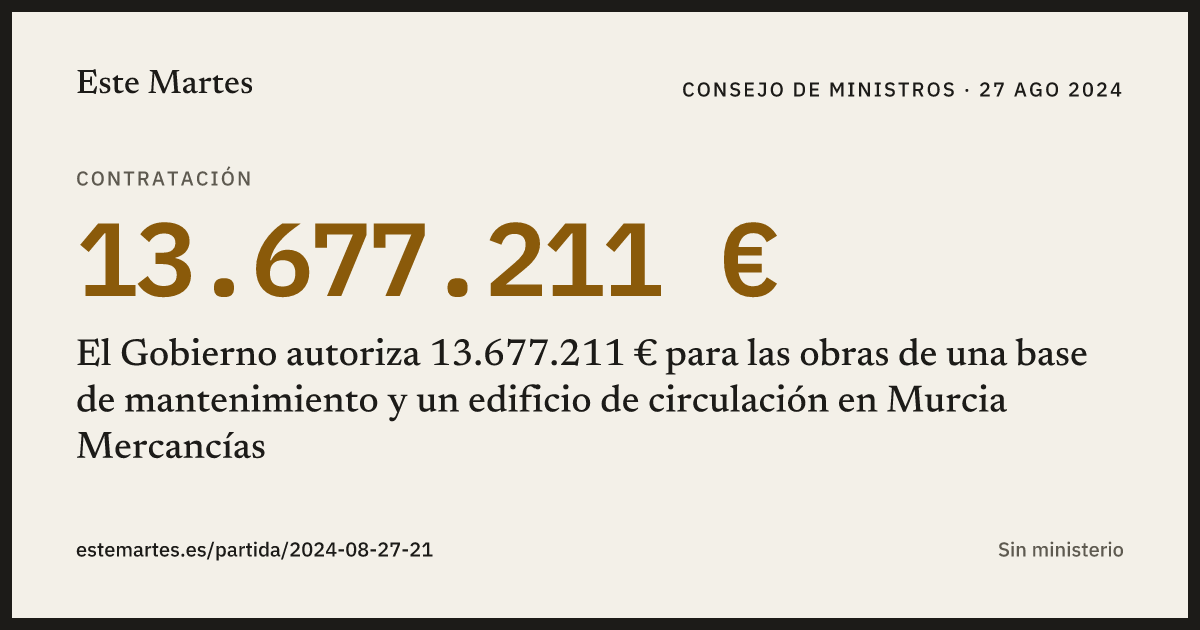 Tarjeta: El Gobierno autoriza 13.677.211 € para las obras de una base de mantenimiento y un edificio de circulación en Murcia Mercancías
