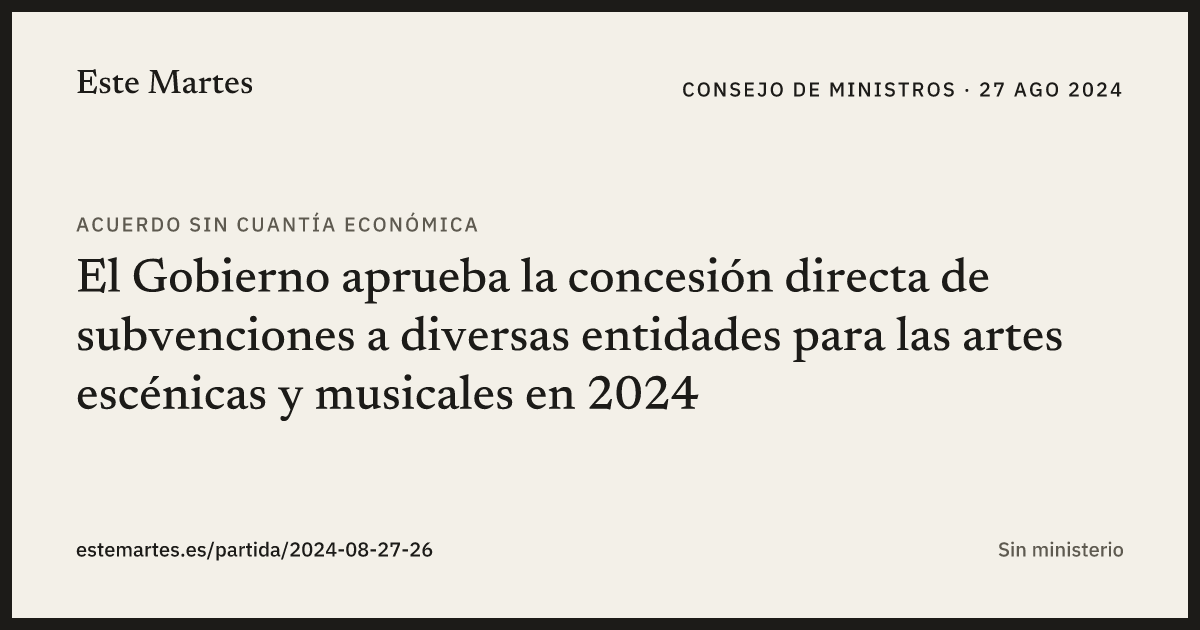 Tarjeta: El Gobierno aprueba la concesión directa de subvenciones a diversas entidades para las artes escénicas y musicales en 2024
