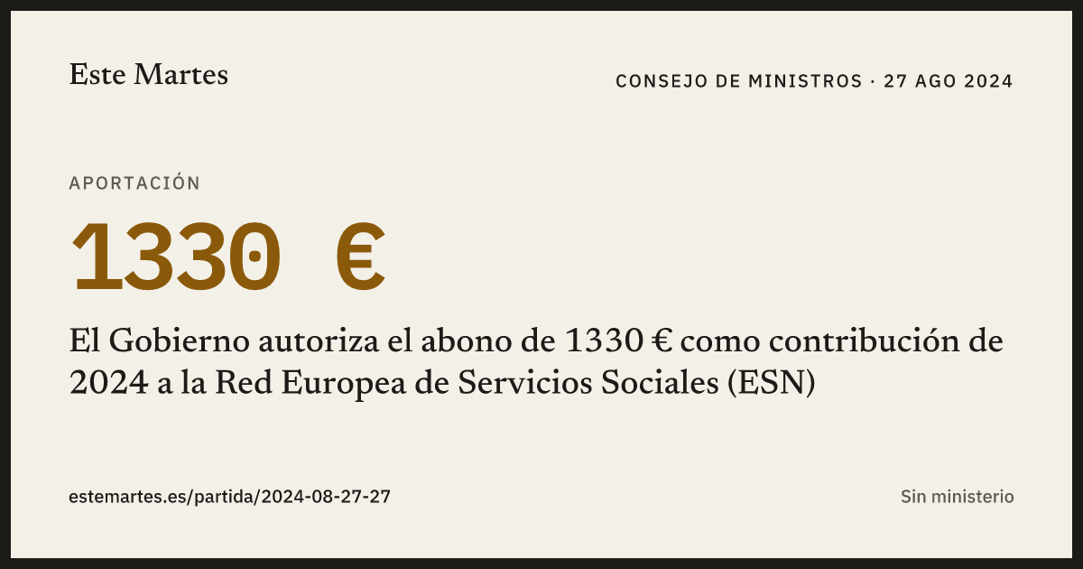 Tarjeta: El Gobierno autoriza el abono de 1330 € como contribución de 2024 a la Red Europea de Servicios Sociales (ESN)