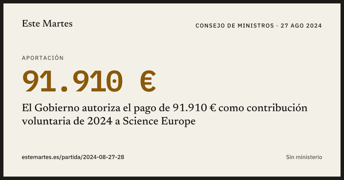 Tarjeta: El Gobierno autoriza el pago de 91.910 € como contribución voluntaria de 2024 a Science Europe