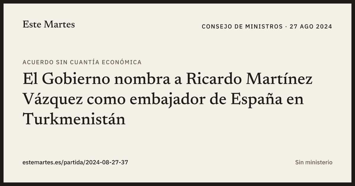 Tarjeta: El Gobierno nombra a Ricardo Martínez Vázquez como embajador de España en Turkmenistán