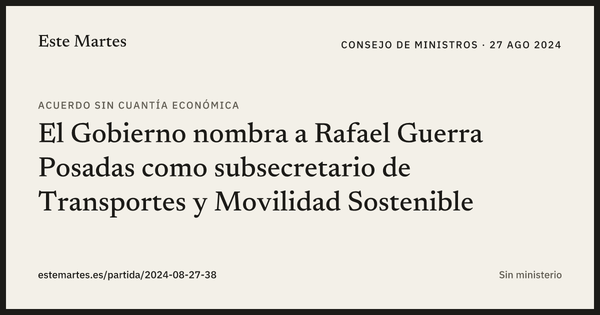 Tarjeta: El Gobierno nombra a Rafael Guerra Posadas como subsecretario de Transportes y Movilidad Sostenible