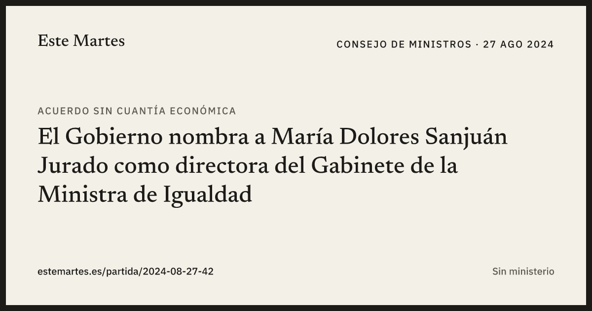 Tarjeta: El Gobierno nombra a María Dolores Sanjuán Jurado como directora del Gabinete de la Ministra de Igualdad