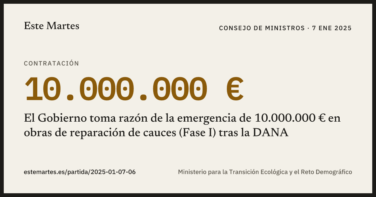 Tarjeta: El Gobierno toma razón de la emergencia de 10.000.000 € en obras de reparación de cauces (Fase I) tras la DANA