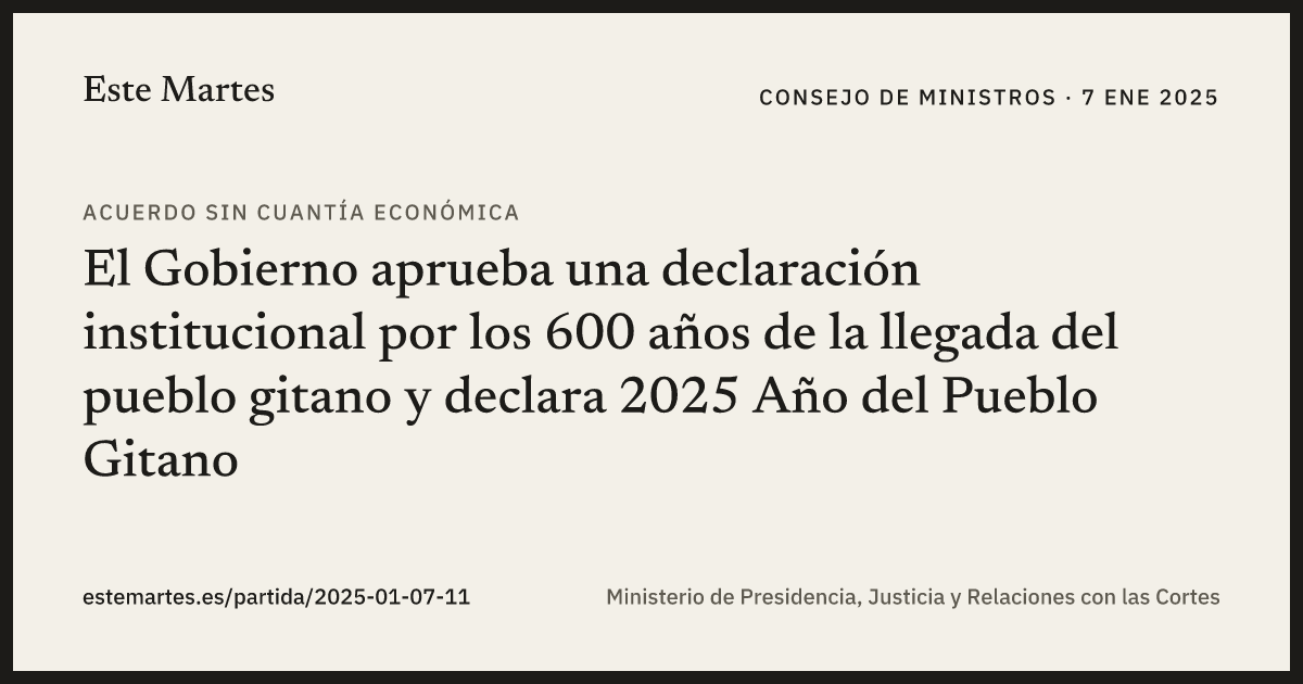 Tarjeta: El Gobierno aprueba una declaración institucional por los 600 años de la llegada del pueblo gitano y declara 2025 Año del Pueblo Gitano