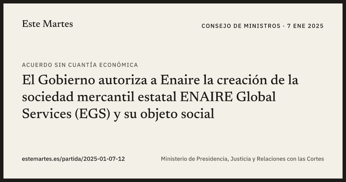 Tarjeta: El Gobierno autoriza a Enaire la creación de la sociedad mercantil estatal ENAIRE Global Services (EGS) y su objeto social