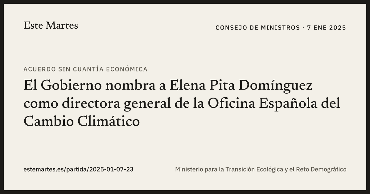 Tarjeta: El Gobierno nombra a Elena Pita Domínguez como directora general de la Oficina Española del Cambio Climático