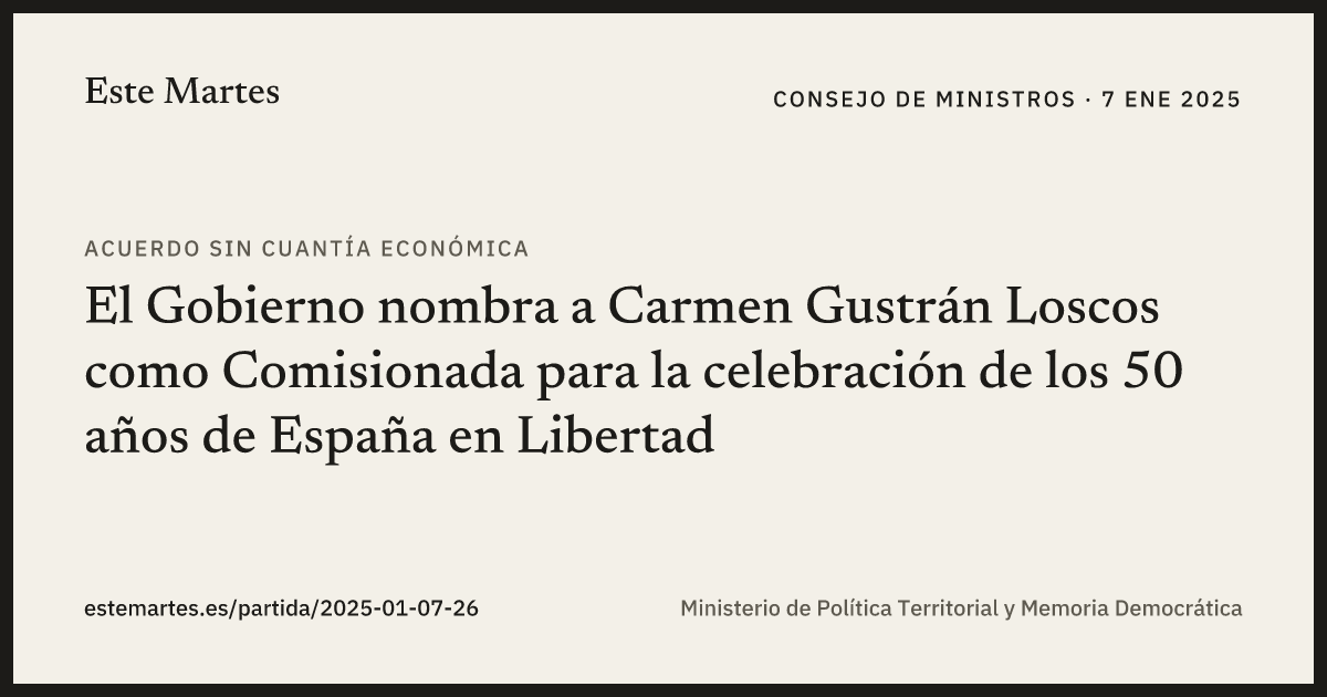 Tarjeta: El Gobierno nombra a Carmen Gustrán Loscos como Comisionada para la celebración de los 50 años de España en Libertad