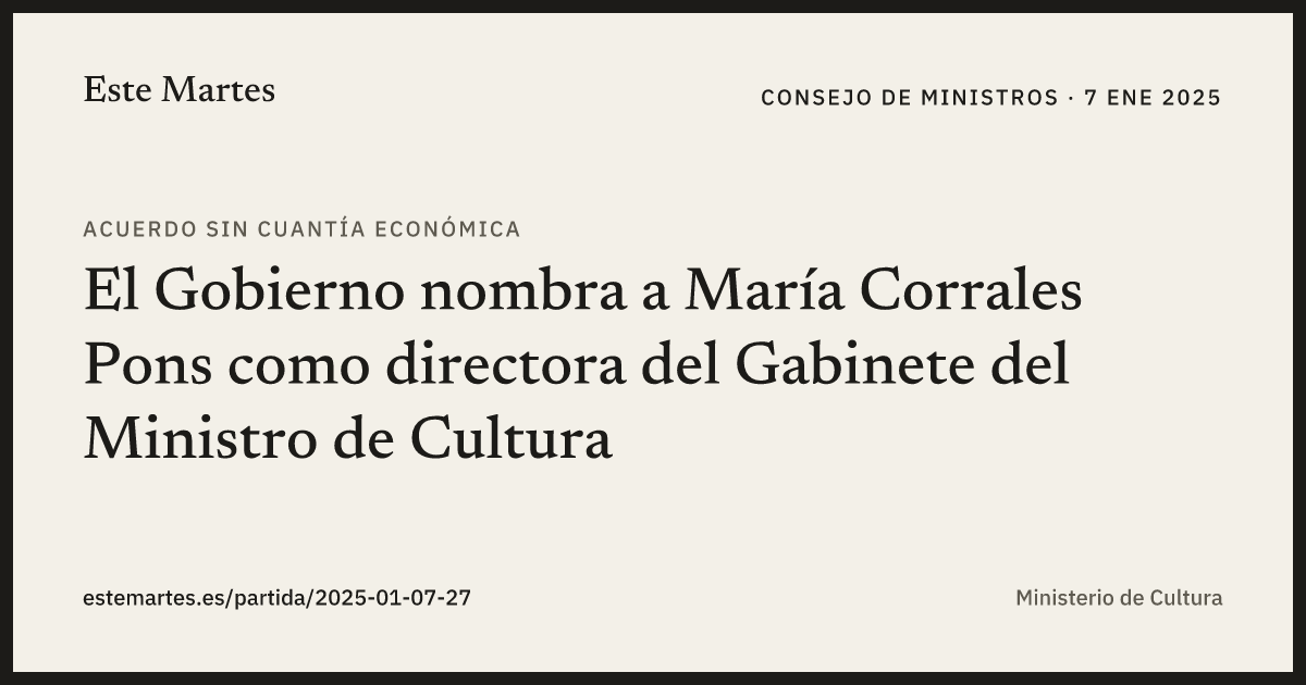Tarjeta: El Gobierno nombra a María Corrales Pons como directora del Gabinete del Ministro de Cultura