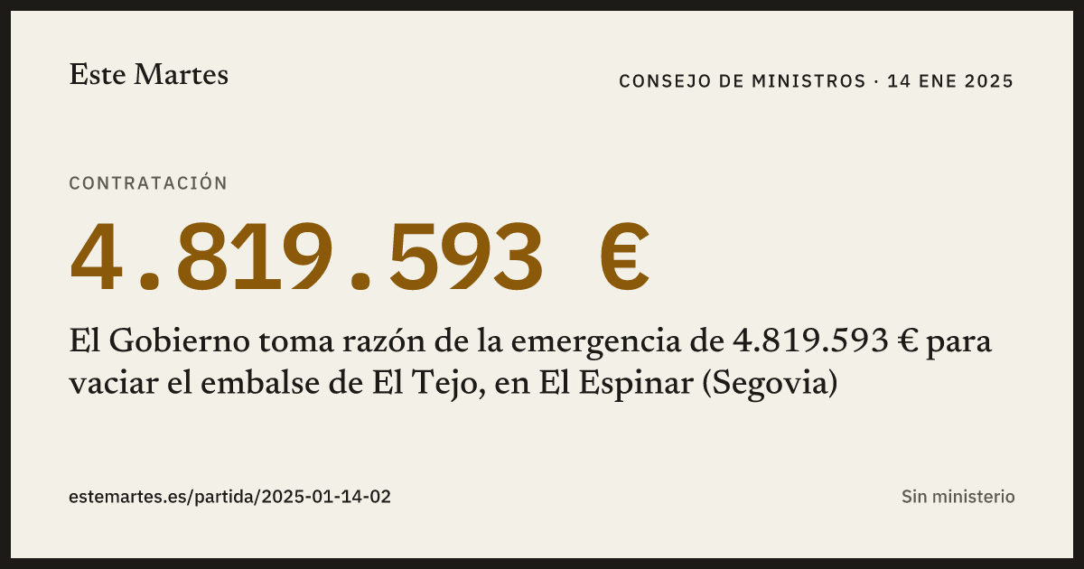 Tarjeta: El Gobierno toma razón de la emergencia de 4.819.593 € para vaciar el embalse de El Tejo, en El Espinar (Segovia)