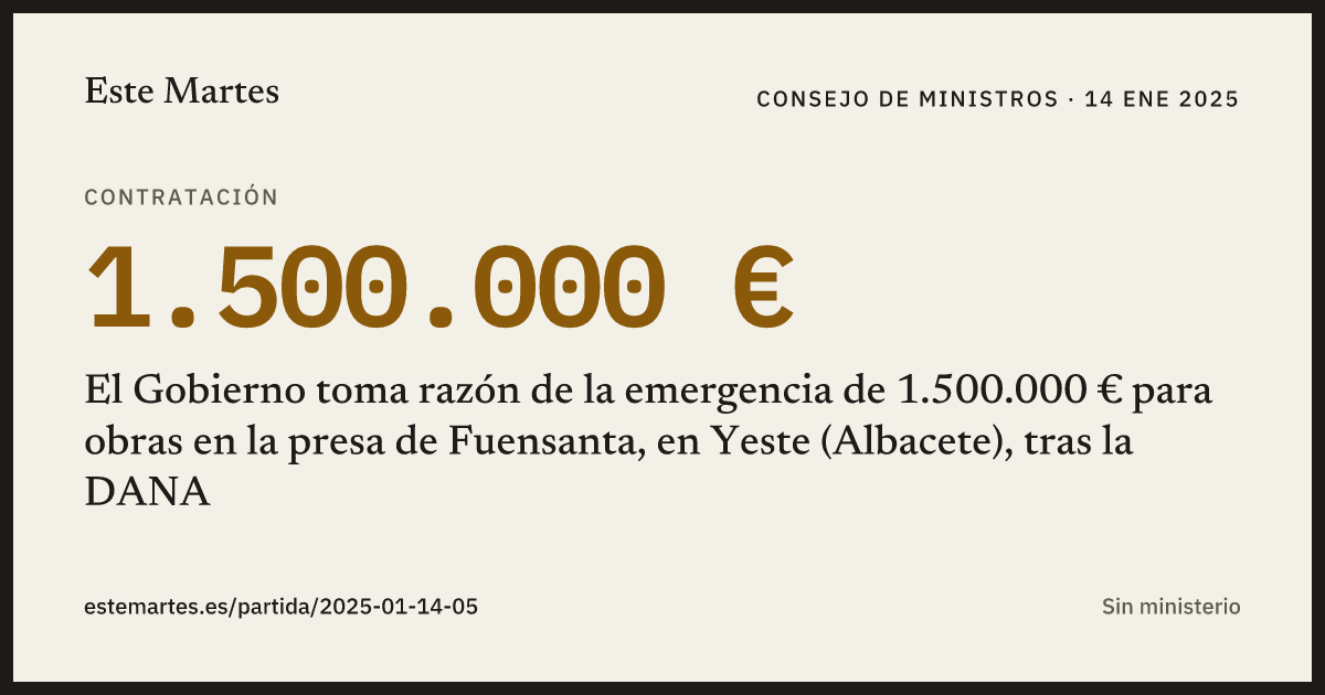 Tarjeta: El Gobierno toma razón de la emergencia de 1.500.000 € para obras en la presa de Fuensanta, en Yeste (Albacete), tras la DANA