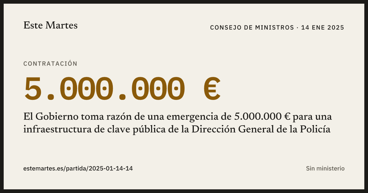Tarjeta: El Gobierno toma razón de una emergencia de 5.000.000 € para una infraestructura de clave pública de la Dirección General de la Policía