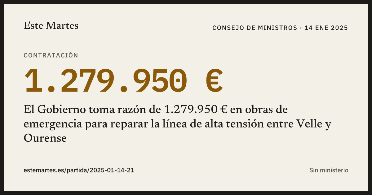 Tarjeta: El Gobierno toma razón de 1.279.950 € en obras de emergencia para reparar la línea de alta tensión entre Velle y Ourense