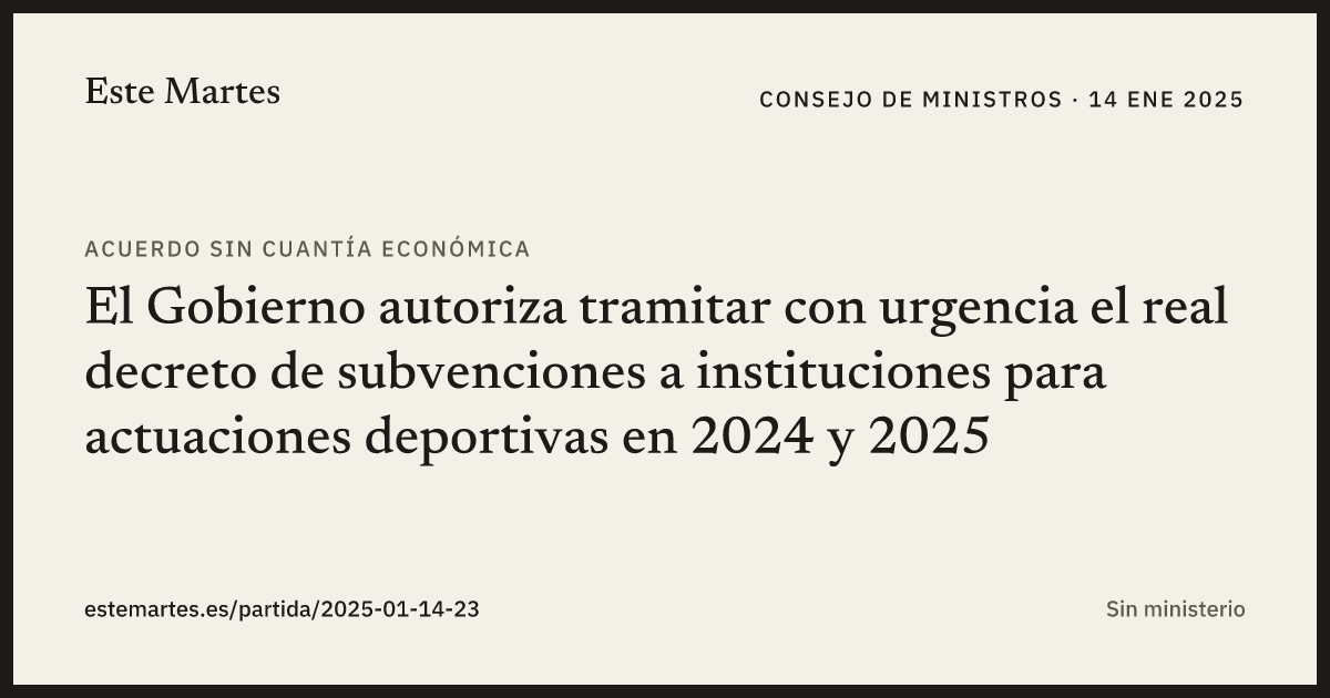 Tarjeta: El Gobierno autoriza tramitar con urgencia el real decreto de subvenciones a instituciones para actuaciones deportivas en 2024 y 2025