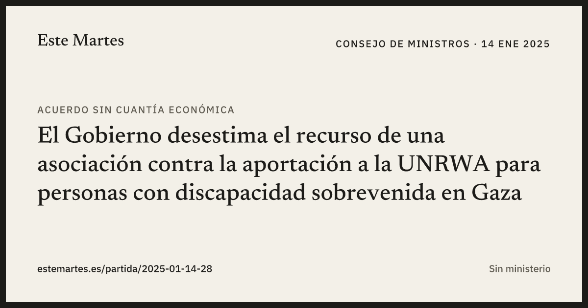 Tarjeta: El Gobierno desestima el recurso de una asociación contra la aportación a la UNRWA para personas con discapacidad sobrevenida en Gaza