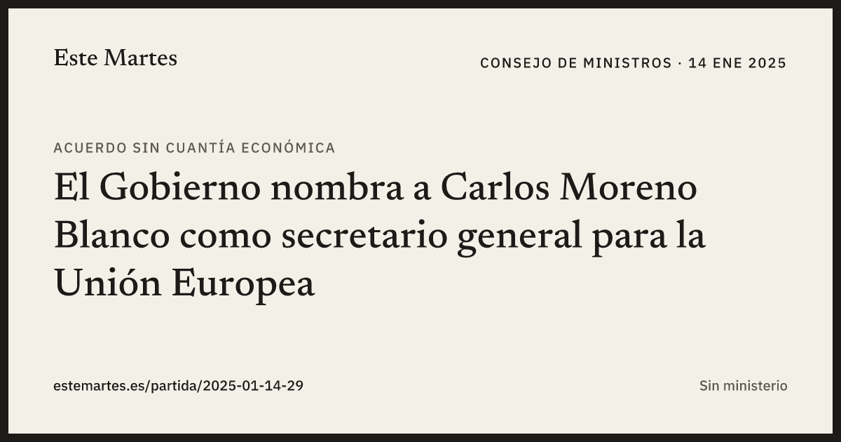 Tarjeta: El Gobierno nombra a Carlos Moreno Blanco como secretario general para la Unión Europea