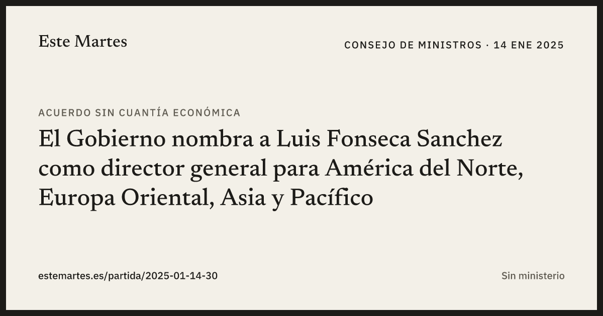 Tarjeta: El Gobierno nombra a Luis Fonseca Sanchez como director general para América del Norte, Europa Oriental, Asia y Pacífico