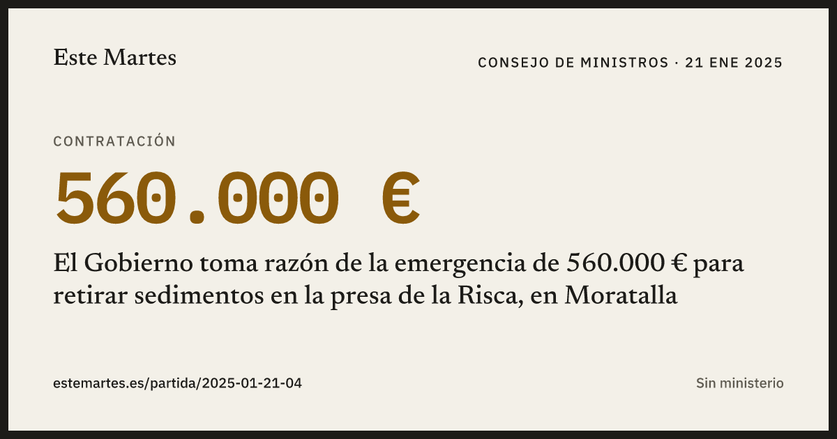 Tarjeta: El Gobierno toma razón de la emergencia de 560.000 € para retirar sedimentos en la presa de la Risca, en Moratalla