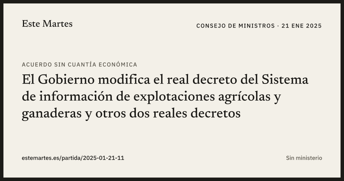 Tarjeta: El Gobierno modifica el real decreto del Sistema de información de explotaciones agrícolas y ganaderas y otros dos reales decretos