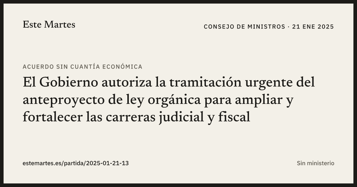 Tarjeta: El Gobierno autoriza la tramitación urgente del anteproyecto de ley orgánica para ampliar y fortalecer las carreras judicial y fiscal