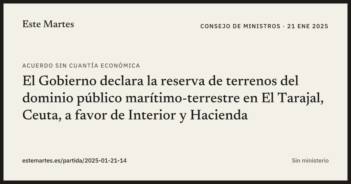 Tarjeta: El Gobierno declara la reserva de terrenos del dominio público marítimo-terrestre en El Tarajal, Ceuta, a favor de Interior y Hacienda