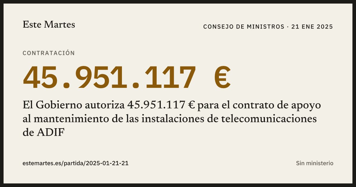 Tarjeta: El Gobierno autoriza 45.951.117 € para el contrato de apoyo al mantenimiento de las instalaciones de telecomunicaciones de ADIF