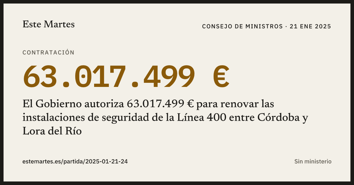 Tarjeta: El Gobierno autoriza 63.017.499 € para renovar las instalaciones de seguridad de la Línea 400 entre Córdoba y Lora del Río