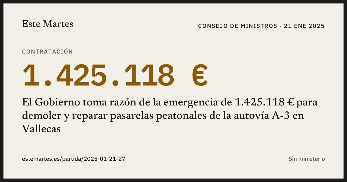 Tarjeta: El Gobierno toma razón de la emergencia de 1.425.118 € para demoler y reparar pasarelas peatonales de la autovía A-3 en Vallecas