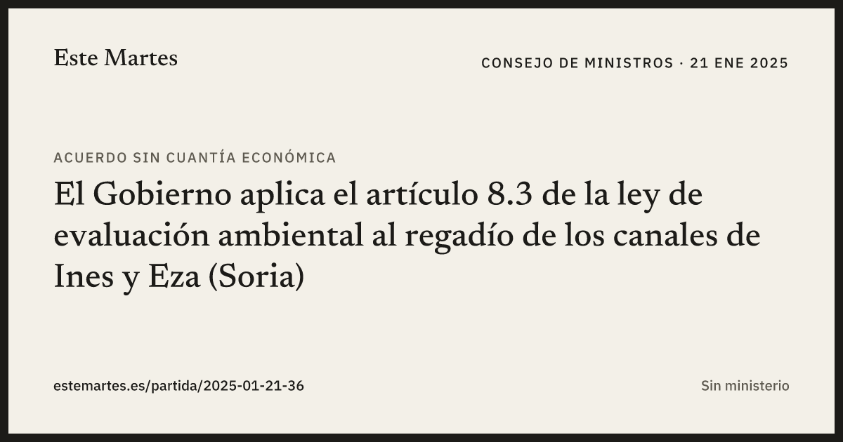 Tarjeta: El Gobierno aplica el artículo 8.3 de la ley de evaluación ambiental al regadío de los canales de Ines y Eza (Soria)