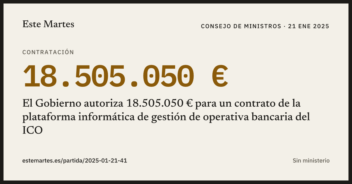 Tarjeta: El Gobierno autoriza 18.505.050 € para un contrato de la plataforma informática de gestión de operativa bancaria del ICO