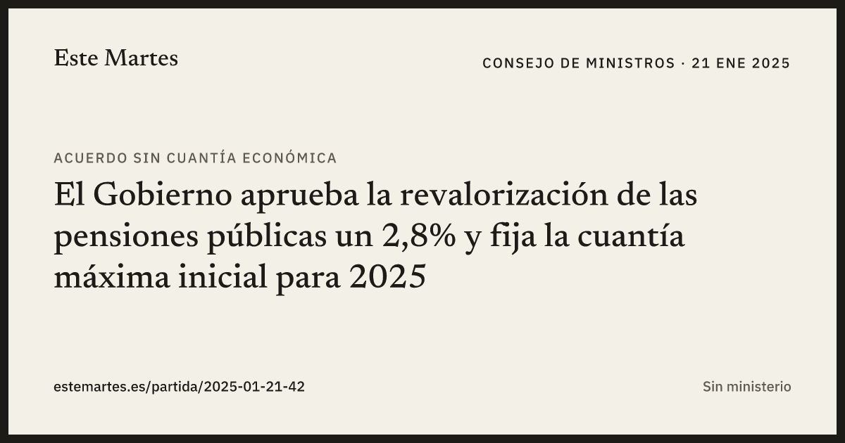 Tarjeta: El Gobierno aprueba la revalorización de las pensiones públicas un 2,8% y fija la cuantía máxima inicial para 2025
