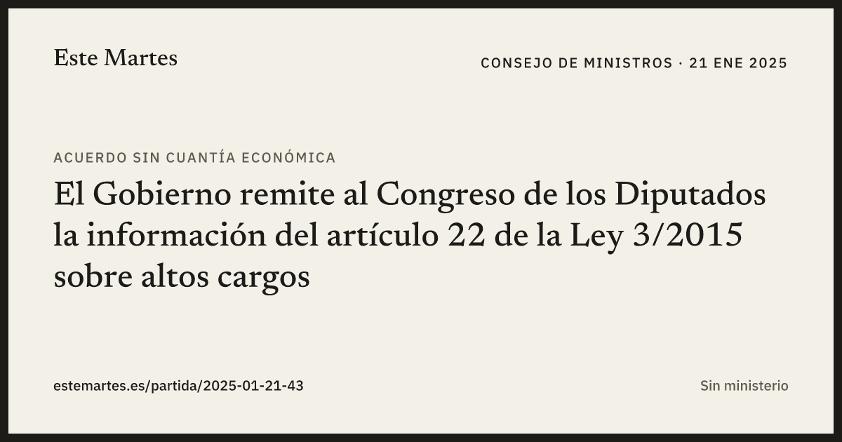 Tarjeta: El Gobierno remite al Congreso de los Diputados la información del artículo 22 de la Ley 3/2015 sobre altos cargos