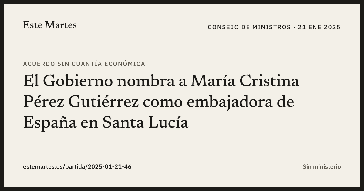 Tarjeta: El Gobierno nombra a María Cristina Pérez Gutiérrez como embajadora de España en Santa Lucía